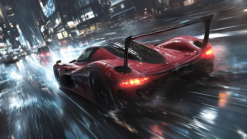 Red hypercar racing through neon city streets in rainstorm.