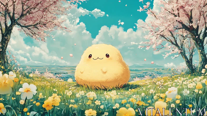 Fluffy yellow creature in chromatic spring meadow panorama.