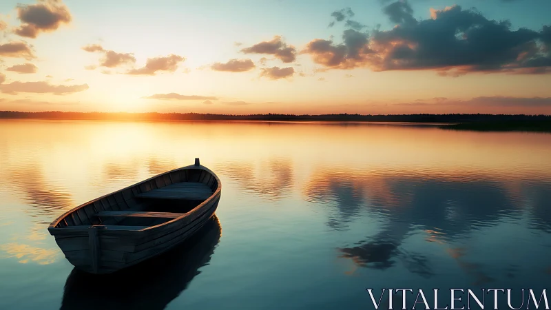 Solitary wooden rowboat rests on a tranquil sunset lake