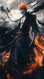 Flaming masked warrior strides through burning battlefield.