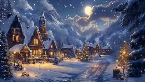 Moonlit alpine village wrapped in twinkling winter hush.