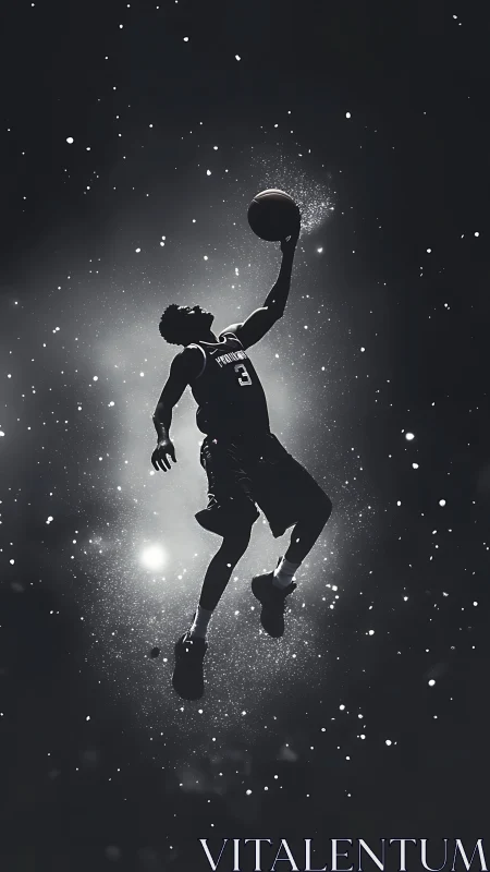 Soaring basketball player leaping through a starry night sky.