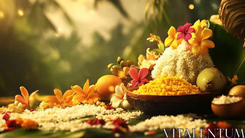 Tropical festival offering with flowers, rice, and fruit.