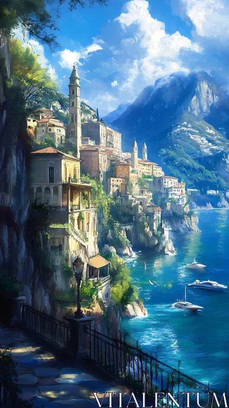 Cliffside coastal town overlooks a calm, boat-filled bay