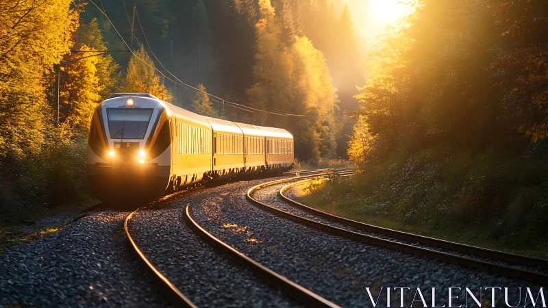 Modern passenger train on forest curve in golden sunset light.