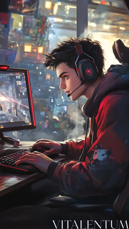 Focused gamer settles into a neon city night of online play