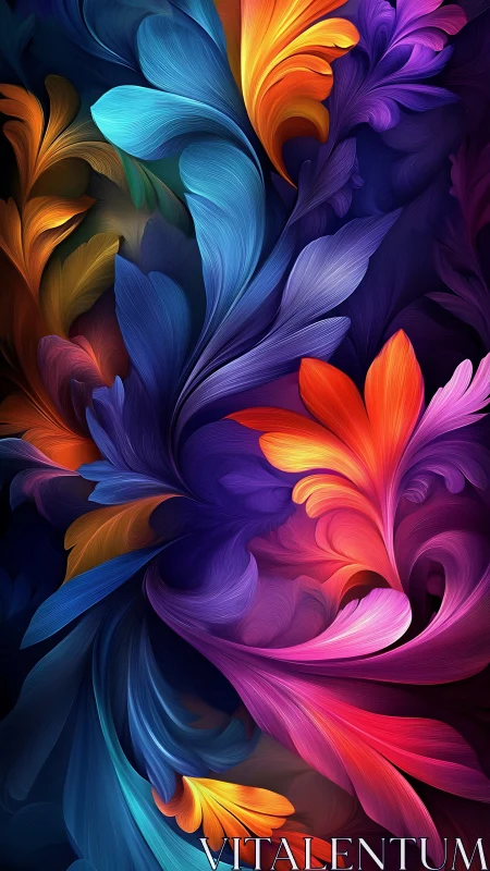 Multicolor radial feather-flow abstraction in deep contrast field