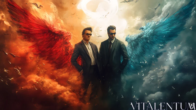 Two suited figures stand between red and blue winged clouds