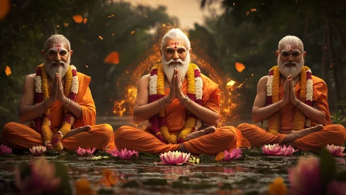Three meditating elders in orange robes on lotus pond.