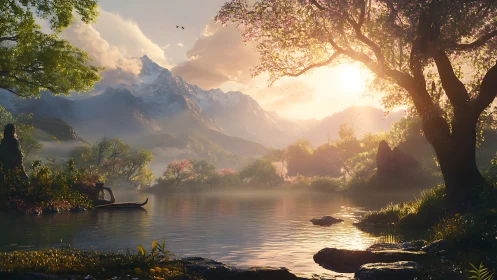 Sunlit mountain haven where quiet waters cradle dreams.