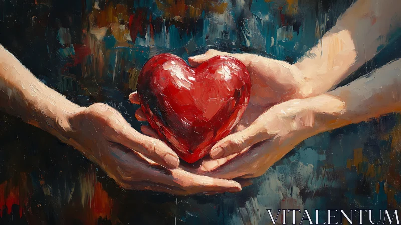 Hands Cradle Luminous Red Heart Against Abstract Canvas.
