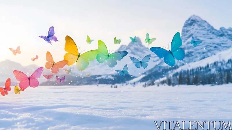 Rainbow butterflies drift over sunlit alpine snowfield.