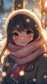 Soft winter glow wraps a smiling girl in gentle golden light