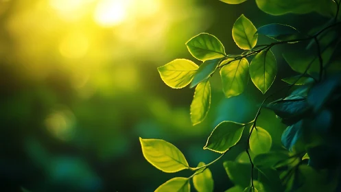 Sunlit Green Leaves Close-Up with Soft Natural Bokeh Background.