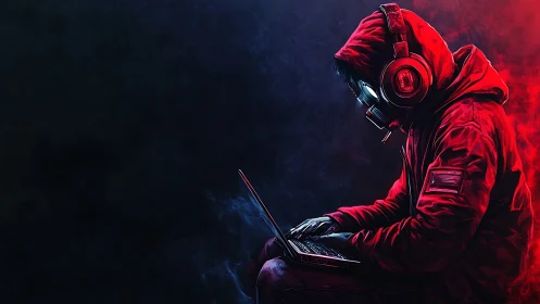 Cybernetic hooded operator at laptop in bicolor vapor field.