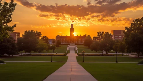 Golden campus quad glows beneath a dramatic sunset sky.