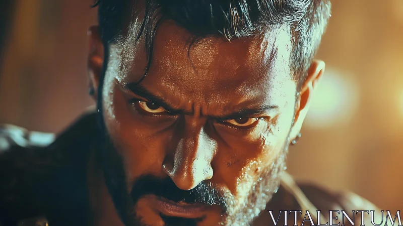 Cinematic male close-up with intense expression and bokeh glow