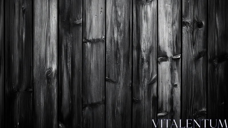 Charred vertical timber planks with knot grain detail in monochrome