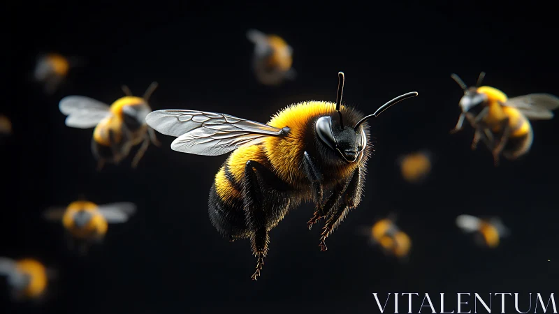 Gentle bumblebee squad gliding through midnight air.