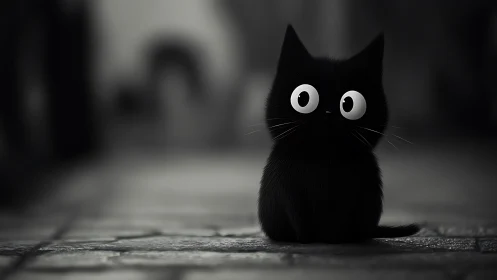 Wide-eyed midnight kitten quietly patrols a blurred alley