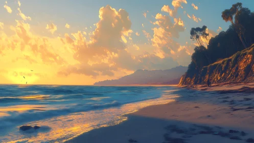 Sunlit shoreline captures warm clouds over calm ocean waves