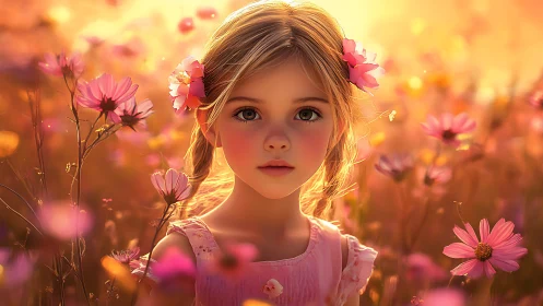 Young girl standing in glowing pink wildflower meadow.