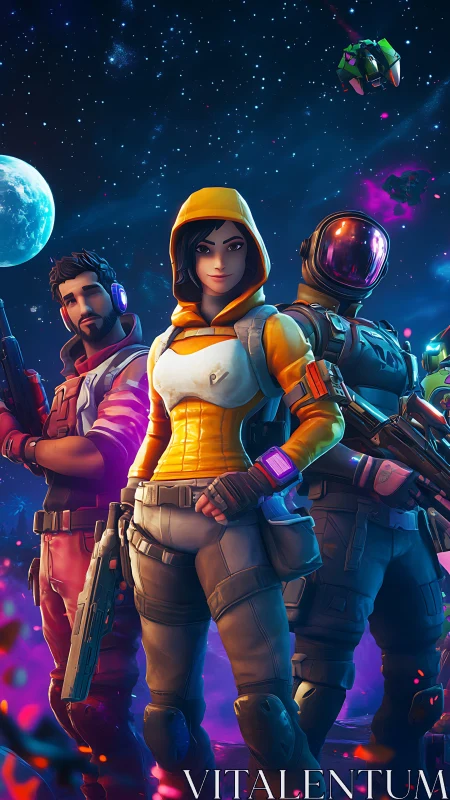 Trio of futuristic space heroes ready for neon-lit battle.