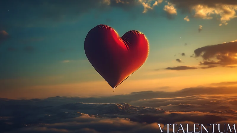 Red heart-shaped balloon floating above cloud formations