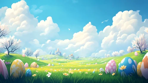 Painted eggs in spring meadow with distant village skyline.