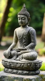 Stone Buddha statue sits in meditative pose on carved base