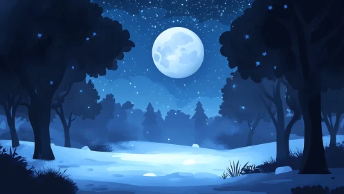 Winter Forest Night Under Full Moon.