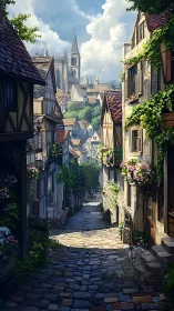 Steep cobblestone street leads to distant cathedral towers