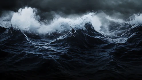 Storm-driven ocean swells rise under dense, cinematic clouds