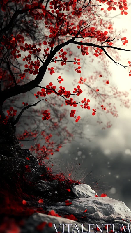 Red-leafed tree above rocky slope in foggy outdoor scene.