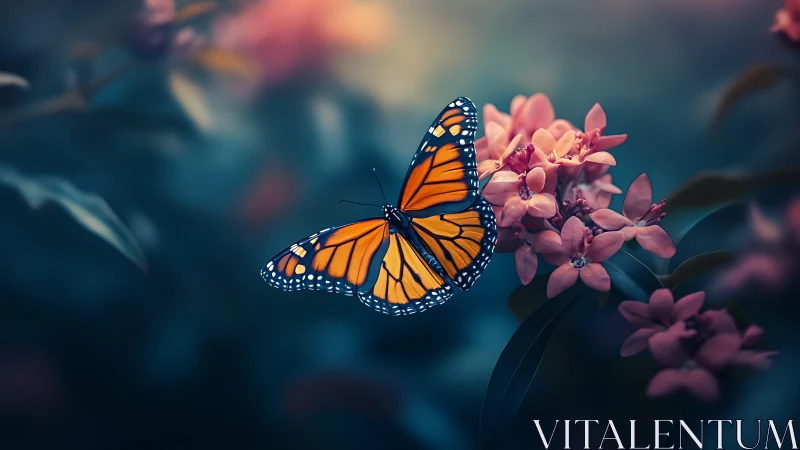 Shallow‑depth macro of monarch butterfly in midflight beside clustered blossoms