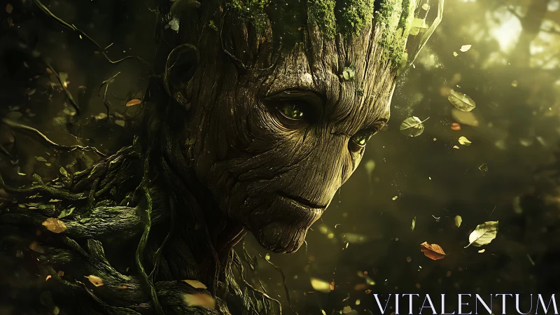 Forest elder listens softly while leaves orbit in dusk light