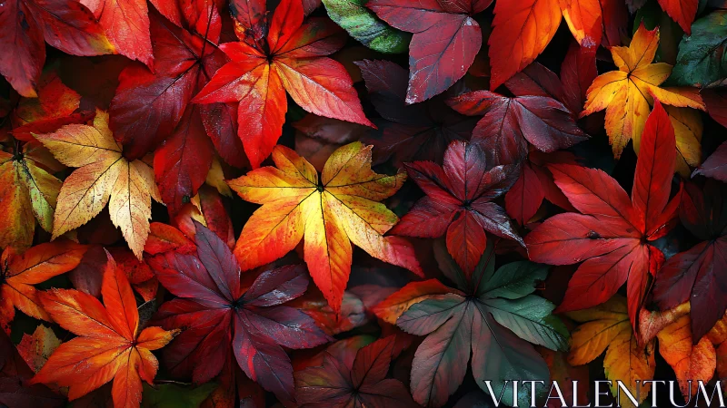 Autumn maple leaves form a vivid multicolored forest carpet.