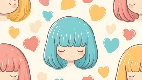 Kawaii seamless pattern with pastel bob hairstyles and hearts