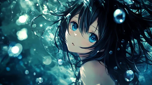 Underwater close-up shows stylized girl amid suspended bubbles