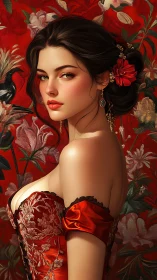 Digital portrait of corseted woman against floral red field.