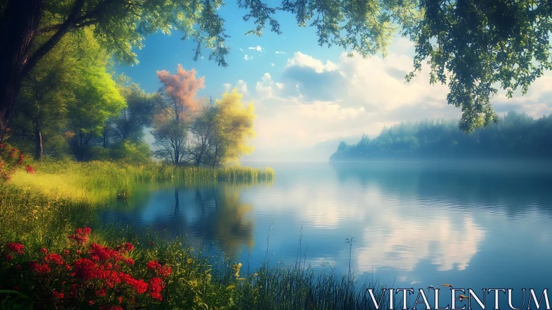 Tranquil forest lake reflects soft clouds in glowing daylight