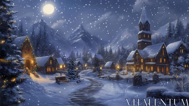 Moonlit alpine village under gentle Christmas snowfall.