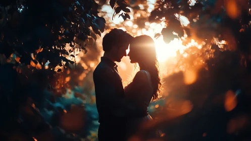 Couple Silhouetted in Golden Sunset Light Through Foliage