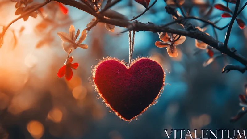 Red heart ornament hanging from tree branch in golden sunlight