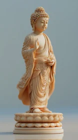 Rendered standing Buddha statue on ornate lotus pedestal