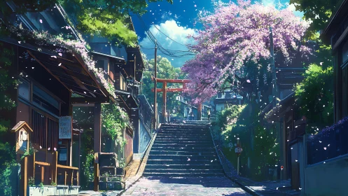 Sunlit cherry blossom steps leading to a quiet shrine street.