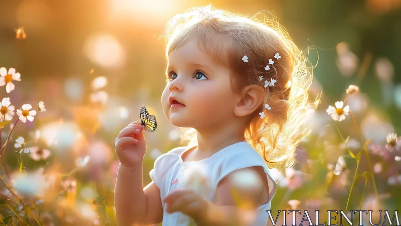 Young Child Holding Butterfly Among Daisy Flowers With Golden Hour Backlighting