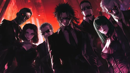 Group of stylized anime characters in dark suits confront viewer