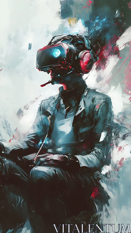 Cyberpunk gamer in VR headset amid abstract neon haze