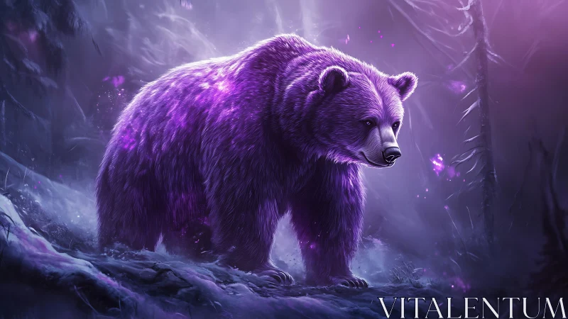 Luminous violet bear roaming enchanted winter forest.